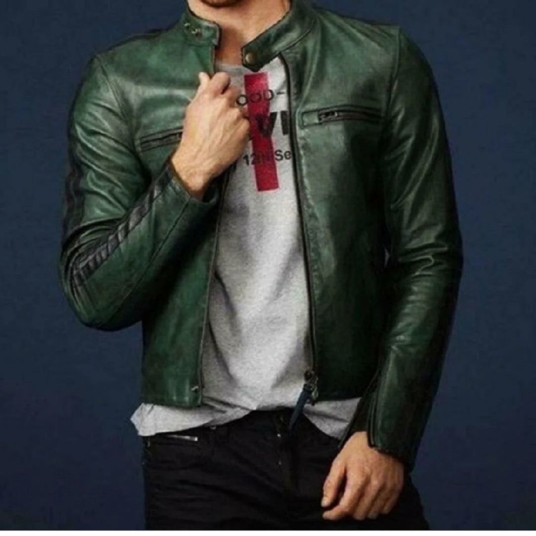 High Collar Green Leather Biker Jacket