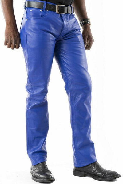 Noora Men's Real Sheep Leather Pants, Bikers Leather Pants, Slim Fit Pants, Nightclub Party & Dance Pants, Gift for Men - Blue