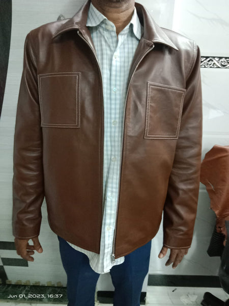 NOORA Lambskin Men's Dark Brown Leather Jacket, Classic Men's Biker Style Jacket with White Stitching