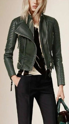 Noora Women Leather Jacket Olive Green, Stylish Motorcycle Quilted Peplum Designer Flare Biker Leather Jacket