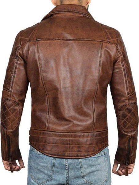 Noora Men's Lambskin Antique Brown Leather Biker Jacket, Stylish Quilted Slim fit Motorcycle Jacket