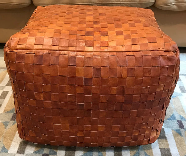 Noora Real Leather Pouf Cover, Un-stuffed MOROCCAN Square POUF, Luxury Leather Ottoman, Coffee Table, Footstool & Hassock, Square Hand Woven Leather Pouffe - TAN BROWN  SNK01