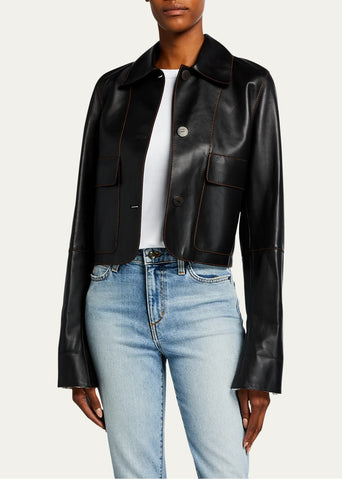NOORA Womens Lambskin Black Leather Cropped Jacket, Western Biker Jacket, Party Wear Jacket, Gift For Her