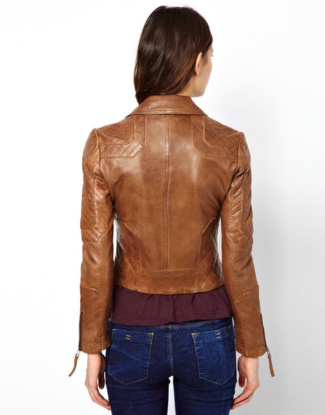 Noora New Women's Stylish & Trendy Look Tan Color Lambskin Leather Biker Jacket With One Sided Zipper
