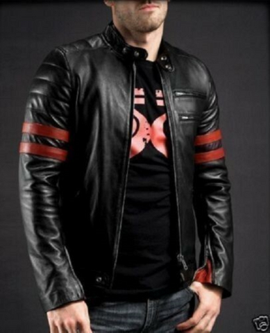 Noora New Men's Lambskin X-MEN WOLVERINE Black & Red Strips Biker Leather Jacket |Vintage Jacket| Biker Jacket