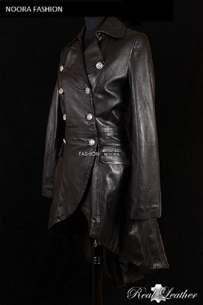 NOORA Black Leather Trench Coat Women's Long Overcoat Winter Jacket ,Designer Trench Coat, Celebrity Coat -Sj506