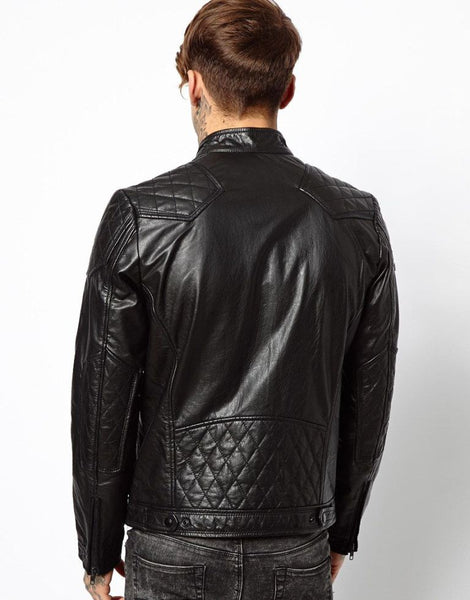 Men’s black leather jacket with quilted design - Noora International