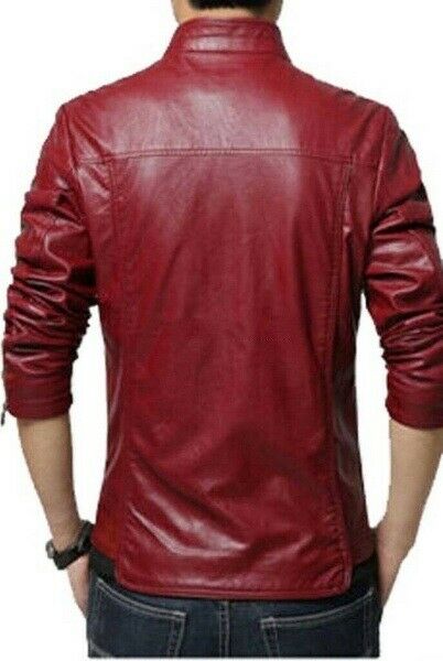 NOORA Men's Real Lambskin Wine Red Leather Quilted Biker Jacket With Zipper & Pocket | Button On Pockets | Zip On Sleeves | ST0415