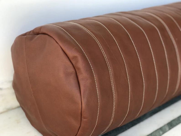 NOORA Real Geniune Lambskin Leather, Brown Round Shaped Bolster Pillow Cover,Anniversary ,Housewarming Decor, Zipper Cover