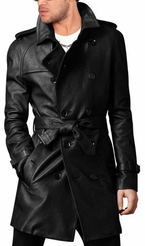 NOORA Brand New Men's Genuine Real Soft Lambskin Leather Trench Coat Long WA438