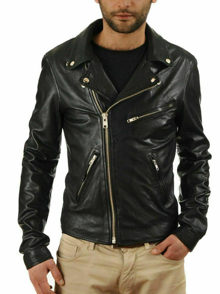 Noora New Men's Lambskin Leather Jacket Motorcycle Black Biker Slim Fit WA188
