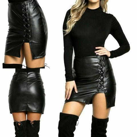 Noora Women High Waist Short Skirt Bodycon Lace Up Black Leather Mini SkirtSK-19