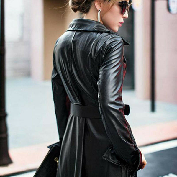 Noora Women's Black Leather Trench Coat Lambskin Long Overcoat Winter Jacket SP3