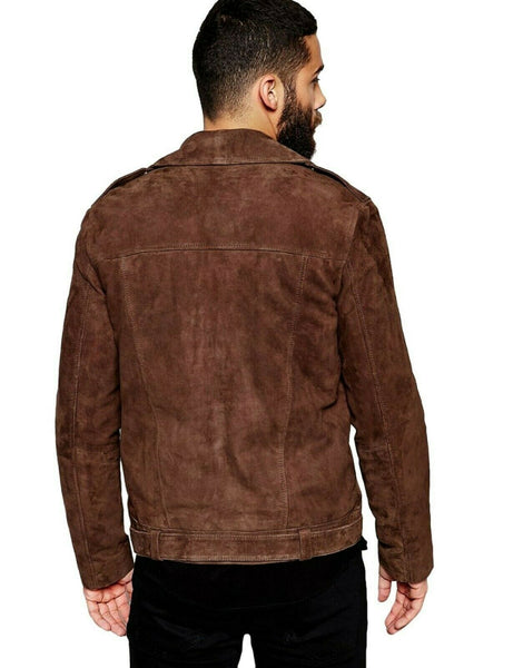 NOORA Mens Lambskin Brown Suede Biker Jacket With Zipper & Pocket| Belted Jacket| Zip On Sleeves| Shoulder Strap| ST19