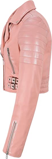 NOORA Womens PINK Cropped Biker Leather Jacket | Casual & Party Wear Jacket | Quilted Jacket for Women | SN019