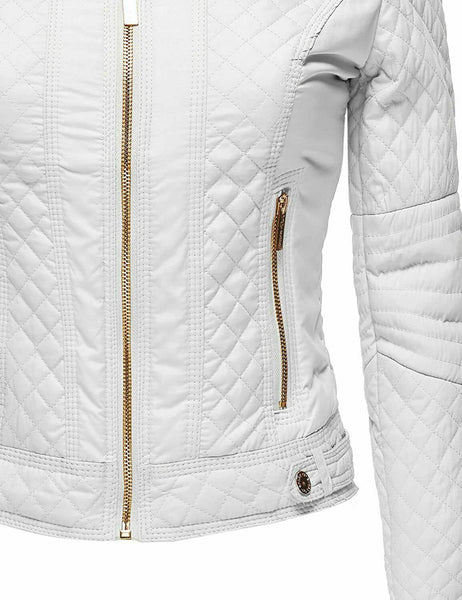 Noora Lambskin Women's White Leather Jacket, Diamond Quilted Ladies Biker Leather Jacket Gift for her