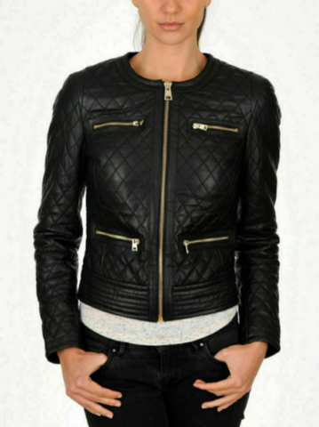 NOORA Womens Lambskin Black Leather Quilted Jacket With Zipper & Pocket | Slim Fit Jacket | ST079