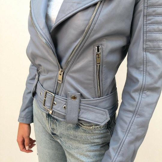 NOORA Womens Powder Blue Leather Quilted Biker Jacket With Zipper & Pocket | Belted | Snap On Collar | Zip On Sleeves |