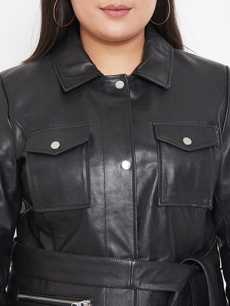 NOORA Womens Lambskin Black Leather Mini Trench Coat Style Jacket With Button & Pocket | Plus Size Jacket | Belted Jacket | ST0164