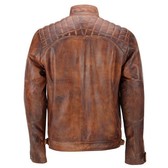 NOORA Mens Brown Colour Lambskin Leather Quilted Biker Jacket  With Zipper & Pocket | Band Collar | ST066
