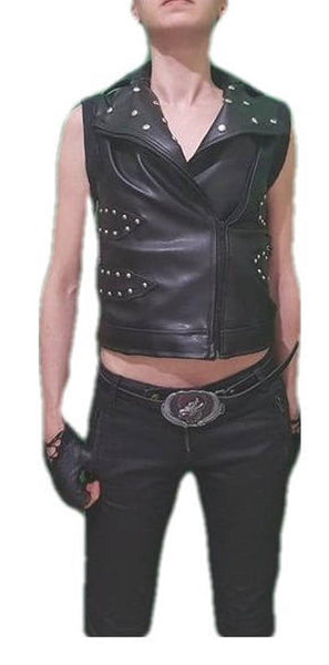 NOORA Womens Lambskin Black Leather Punk Rock Studded Vest Coat With Zipper | Vest Coat With Braided | Eyelets | RT259