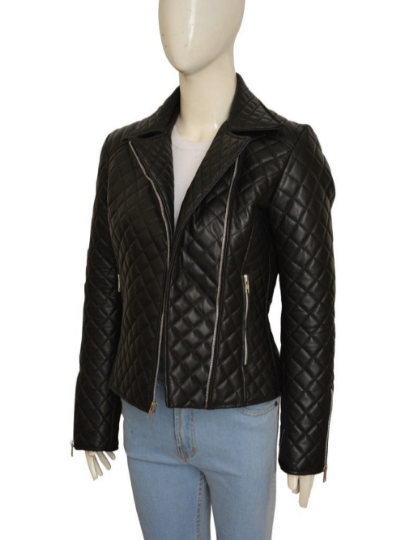 NOORA Womens  Lambskin Black Leather Quilted Jacket  With Zipper | Zipped Pocket | Slim Fit  jacket |  ST026