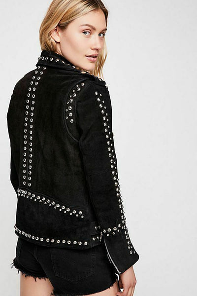NOORA Women's American Style Black Suede Silver Studded Biker Jacket With Zipper & Pocket | Belted Jacket | Shoulder Strap | ST0401