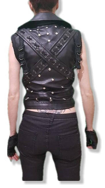NOORA Womens Lambskin Black Leather Punk Rock Studded Vest Coat With Zipper | Vest Coat With Braided | Eyelets | RT259