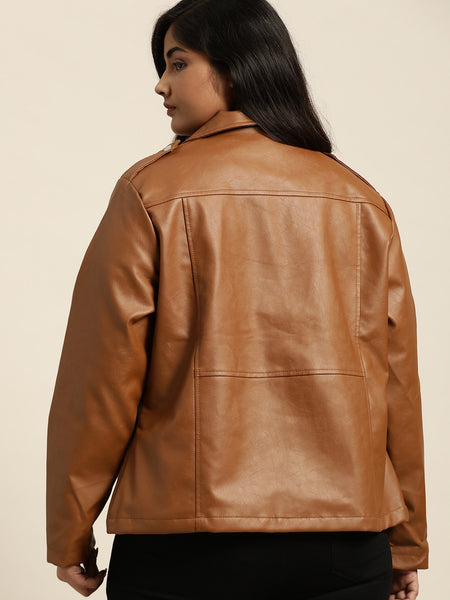 NOORA Womens Lambskin Tan Leather Biker Jacket With Zipper & Pocket | Plus Size Jacket | Shoulder Strap & Snap | ST0155