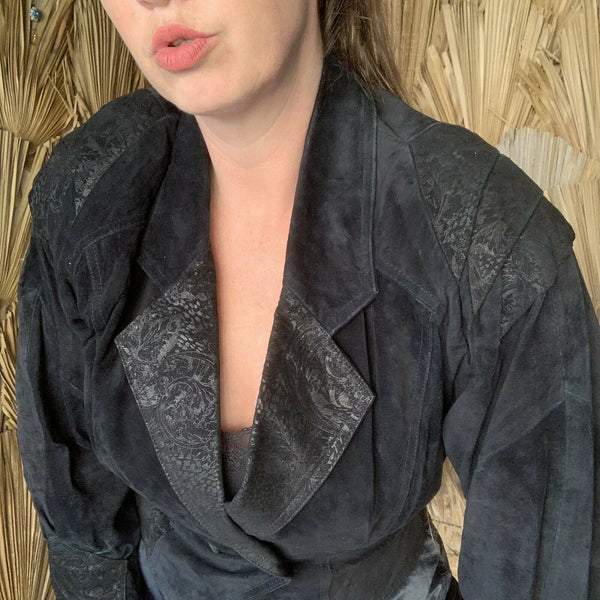 NOORA Women's Real Lambskin Vintage Black Suede Jacket With Cinched Waist | Slim Fit Jacket | ST0405