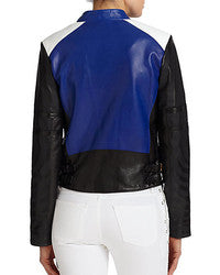 NOORA Womens Lambskin Leather Color Block Pattern Biker Jacket With Zipper & Pocket | Multi Color Jacket | Zip On Sleeves | ST0177