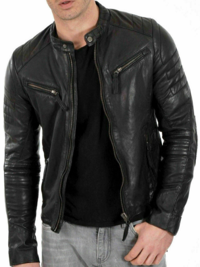 Noora Men's Lambskin Leather Black Jacket | Motorcycle Cafe Racer Jacket With Zipper Pockets |