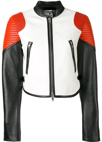 Noora Womens Lambskin Leather Color Block Leather Jacket | Black & Red Combination Quilted Biker Leather Jacket With Zipper