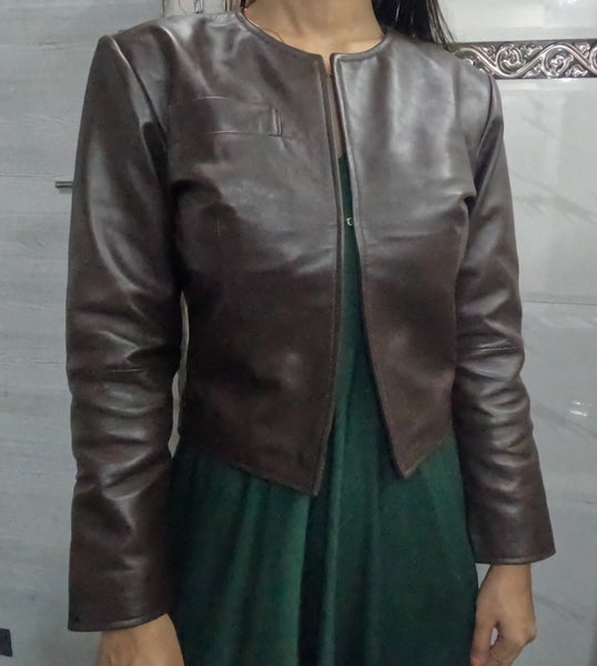 Noora Womens Lambskin Dark Brown Leather Cropped Jacket With Long Sleeve, Western Style Crop Leather Biker Jacket