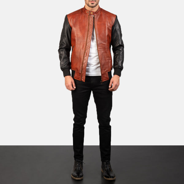 Noora Men's Lambskin Maroon & Black Leather Jacket, Slim fit Motorcycle Retro style Color Block Jacket YK0259
