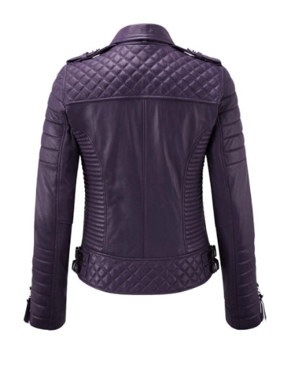 NOORA Womens Lambskin Purple Leather Biker Quilted Jacket With Zipper & Pocket | Snap On Collar | Belted Jacket | RT445