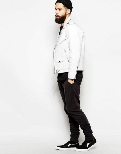 NOORA Mens White Leather Biker Jacket With Zipper & Pocket | Shoulder Strap | Snap On Collar | Belted Jacket | ST028