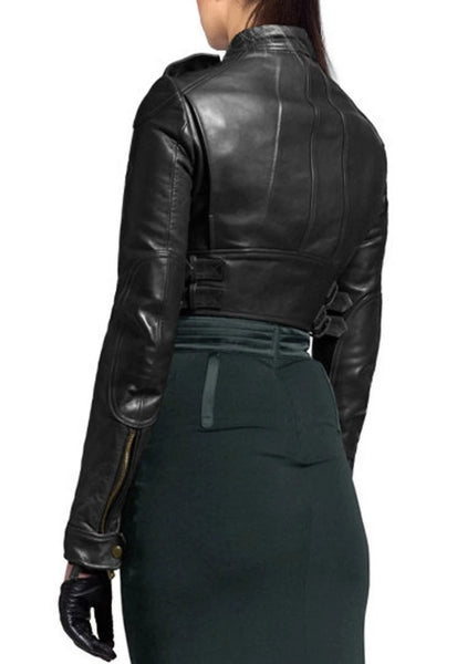 Noora Womens Lambskin Leather Black Cropped Jacket, Winter Casual Wear, Biker, Slim fit  Zipper Jacket UN084