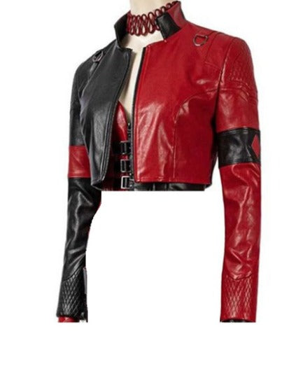 NOORA Womens Genuine Lambskin Leather Red & Black Cropped Jacket Quinn Style- RT3268