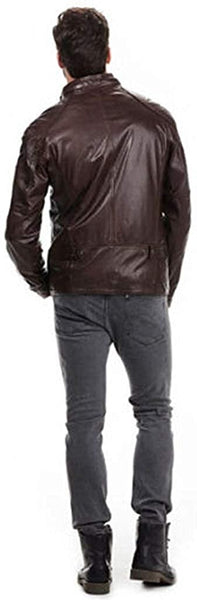 Noora New Lambskin Men Chocolate Brown Leather Jacket With Belted Collared Jacket & Pockets YK093