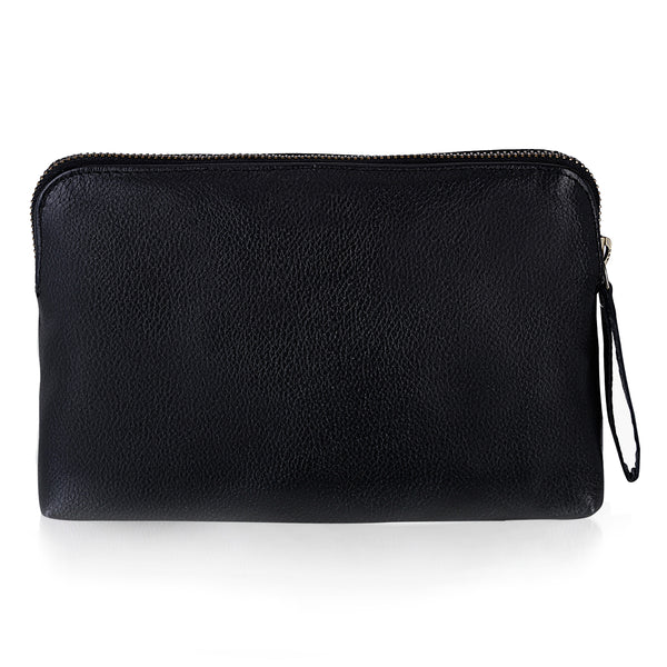 Noora New Stylish Black Leather Unisex travel pouch With One main compartment One zip pocket.