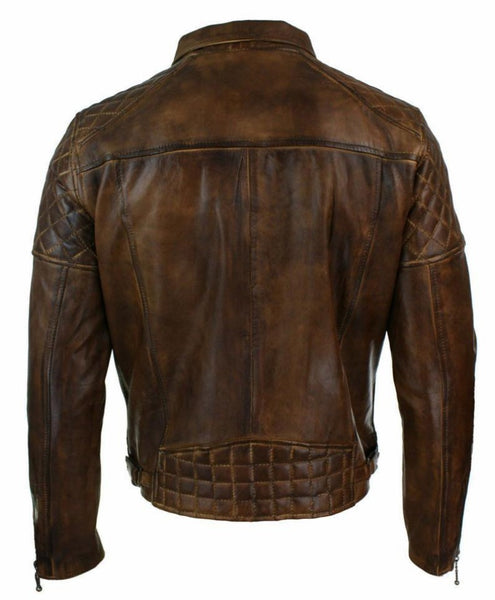Noora Men Antique Brown Lambskin Leather Biker Jacket Designer Handmade Quilted Jacket With Zipper SU01