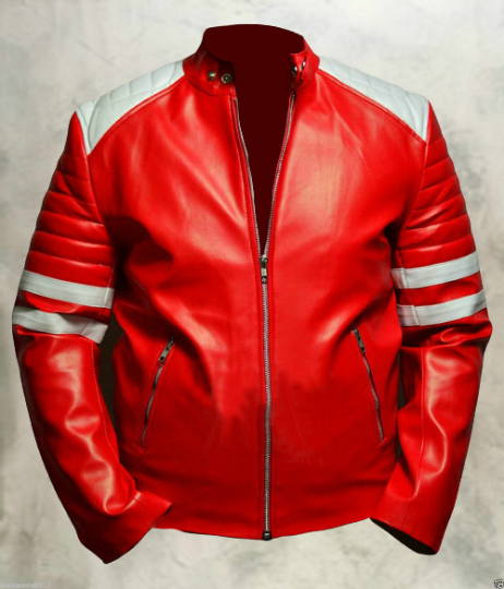Noora Men's Lambskin Red & White fit Motorcycle Racer Retro style Color Block Jacket YK34