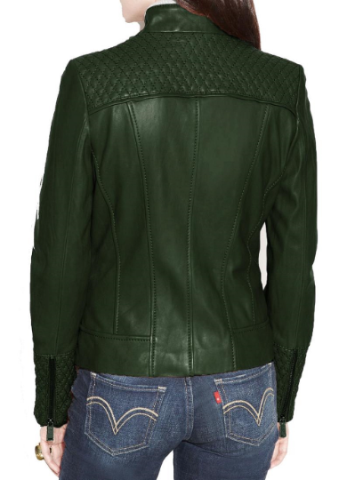 Noora New Women Lambskin Green Leather Jacket Motorcycle Slim Fit Quilted Jacket For Halloween YK30