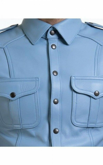 Noora New Men's Lambskin Leather Sky Blue Half  Sleeves Shirt , Uniform Leather Shirt With Shoulder Strap