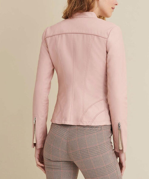 Noora New Womens Biker Jacket with collar Belt Baby Pink Lambskin Leather Jacket With Quilted Patches Yk095