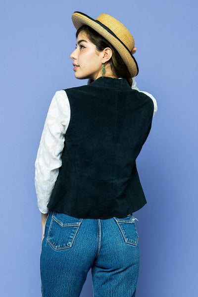 Noora Womens Midnight Blue Suede Leather Vest Coat | Designer Blue Lambskin Leather Vest Coat With Button Closure SU0190