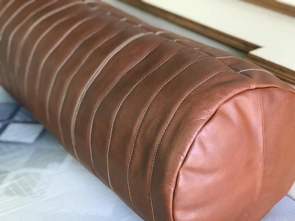 Noora Customized Leather Bolster Cover, Round Shaped Sofa Cushion Cover, Quilted Bolster Pillow Cover SU0142