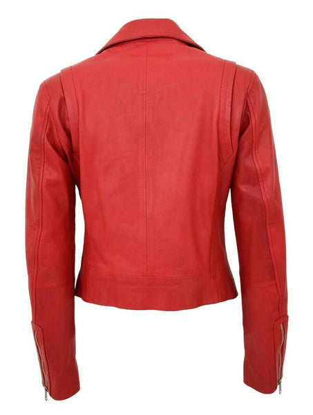 NOORA Womens Lambskin Red Leather Jacket, Motorcycle Jacket, Slim Fit Winter Jacket,YK0246
