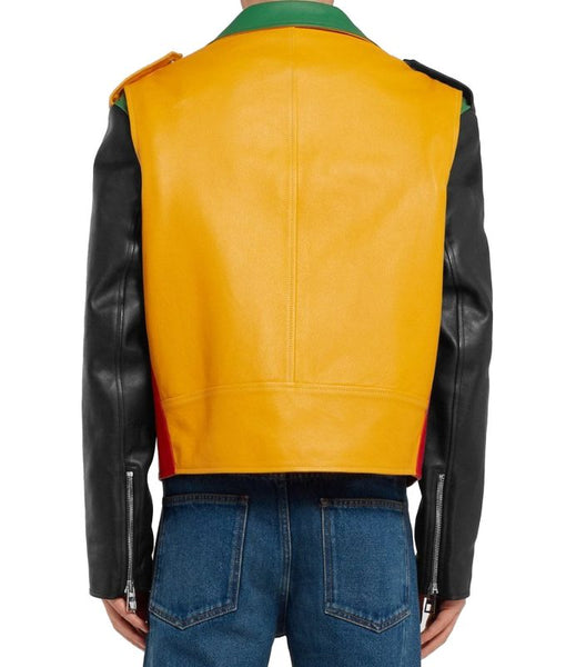 Noora Mens Lambskin Leather Color Block Leather Jacket | Multi Color Leather Jacket | Black & Yellow Biker Leather Jacket SU0181